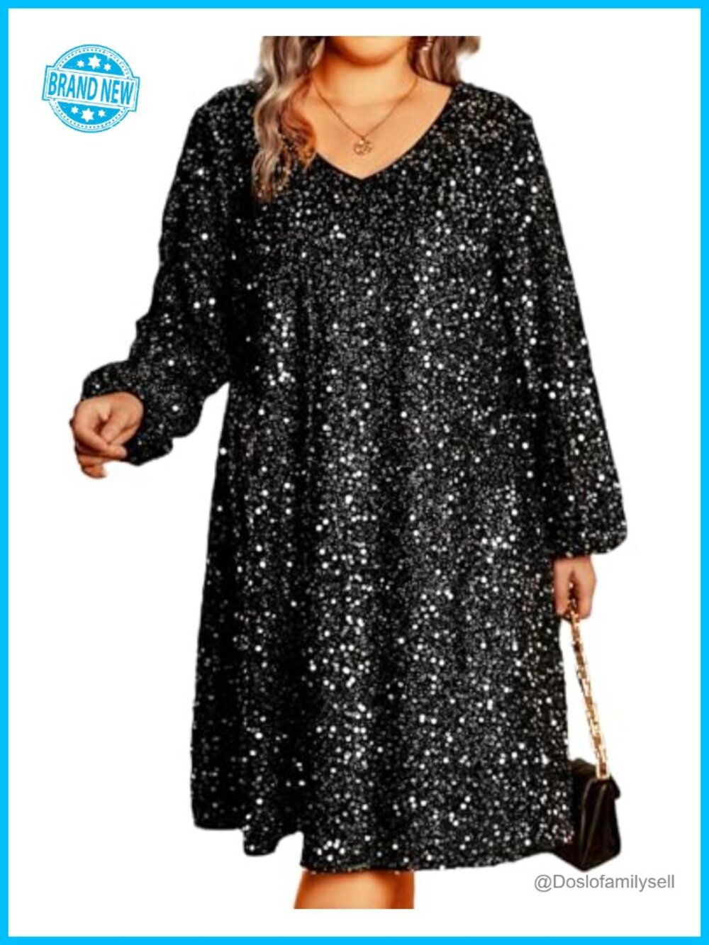 Plus Size Sequin V-Neck Long Sleeve Cocktail Dress